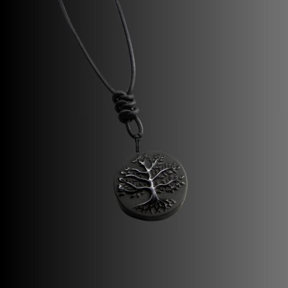 Obsidian Tree of Life Pendant on Hand Knotted Soft Black Leather Cord Necklace - Picture 2 of 8